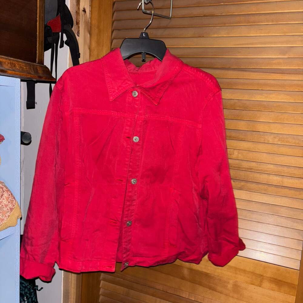 Vintage Bright Red Denim Jacket with Silver Buttons, Women's Size L